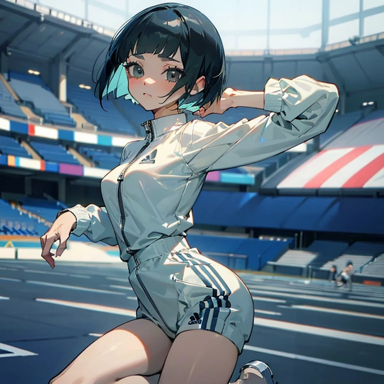masterpiece、delicate details、tracksuit、Adidas Clothing(zip up)、big breasts、thin waist、athlete、While taking off my clothes、Slender beauty、Your face is so cute、Bangs Patsun、Cropped bob cut、spats、long eyelashes、Big eyes、athletics stadium、beautiful legs