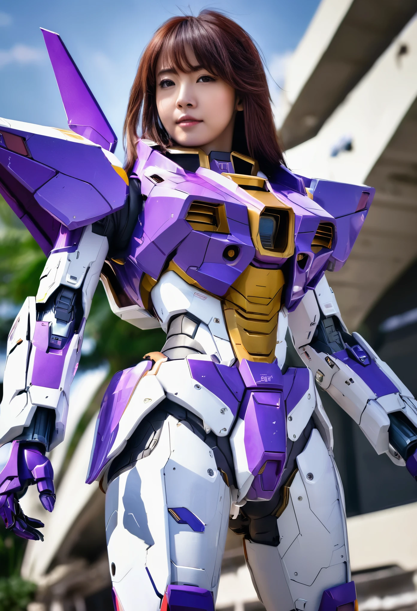 RAW, Masterpiece, Ultra Fine Photo,, Best Quality, Ultra High Resolution, Photorealistic, Sunlight, Full Body Portrait, Stunningly Beautiful,, Dynamic Poses, Delicate Face, Vibrant Eyes, a full body of a woman in a purple and white gundam custume, dybamic pose, long brown very very long hair rapunzel, girl in mecha cyber armor, portrait armored astronaut girl, d. va from overwatch, female mecha, on a gundam, gundam head, chiho aoshima color scheme, mobile suit, streamlined purple armor, fully robotic!! girl, realistic cosplay, gundam armor (dynamic pose) (best cameraview), full body, sit down, full body