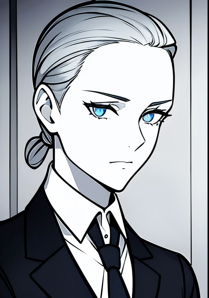 One Young Adult female, pale blonde slicked back into a short ponytail with a single bang on the left hand side, steel blue eyes, light and carefree expression, wearing black suit jacket and tie, portrait style, facing forwards