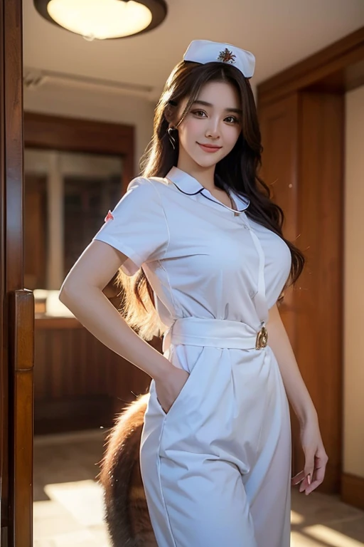 ((highest quality)), ((masterpiece)), (get used to it), perfect face, fox girl, Beautiful woman, public, It has a tail, she has a fluffy tail, she has a fox tail, she shows her tail, smile, She is wearing a nurse uniform, beautiful hips, big breasts , big tail, Nurse uniform tail