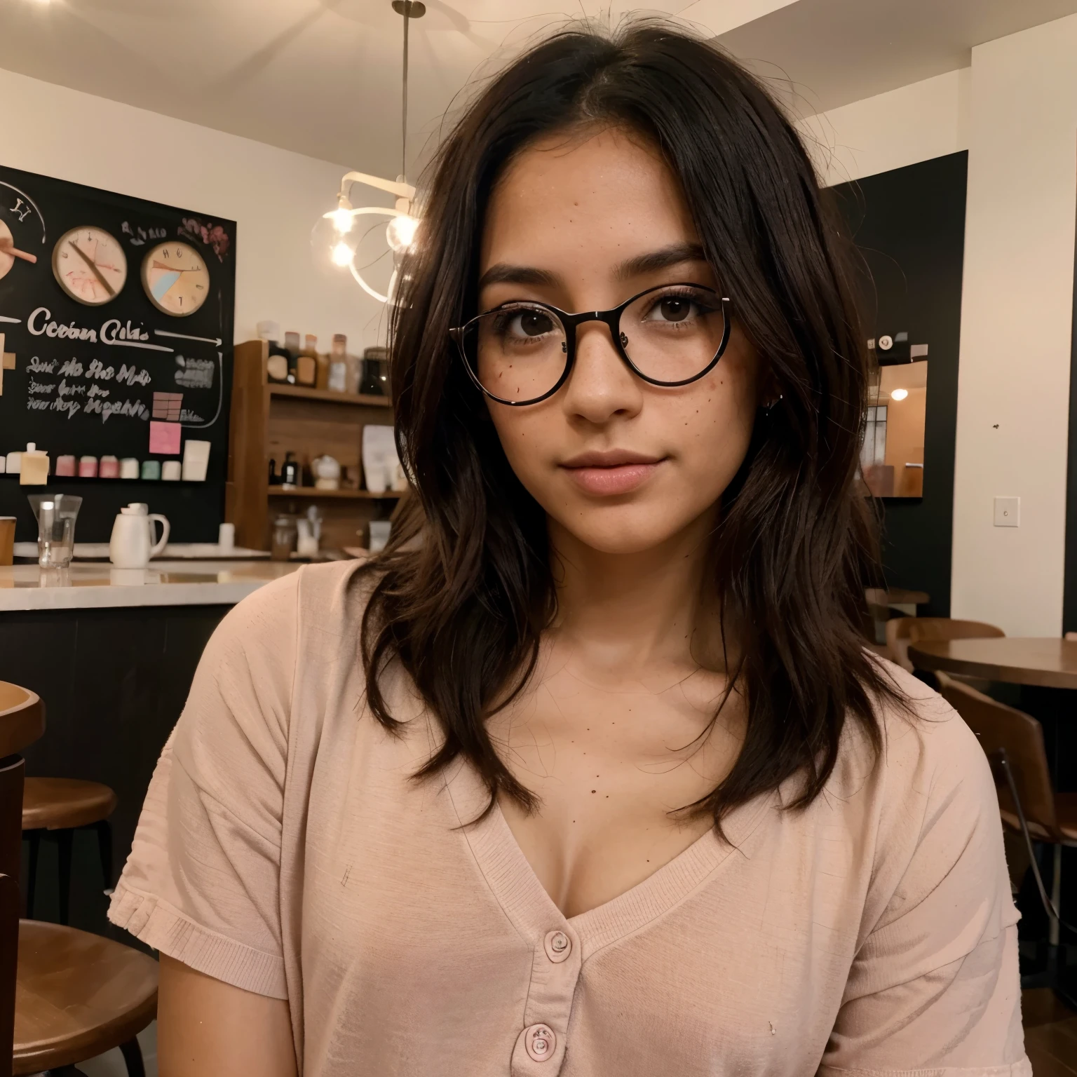 Chica con cabello corto y fleco de color negro,piel morena,ojos almendrados color cafe obscuro,labios chicos ligeramente rosas,small nose with freckles around it and glasses in a situation where he is exposing or explaining a topic