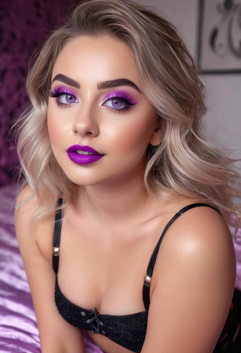 (best quality,ultra-detailed,photorealistic:1.37),vivid colors, professional, beautiful detailed eyes, beautiful detailed lips, extremely detailed eyes and face, long eyelashes, attractive, confident attitude, charming smile, flawless skin, radiant complexion, trendy hairstyle, delicate features, gorgeous appearance, natural-looking makeup, Nail polish with bright colors, wavy hair, plump lips, great body proportions, perfectly shaped eyebrows, daintily contoured cheeks ,powder-purple eyeshadow, striking cat-eye eyeliner, satin finish lipstick, sexy expressions, playful poses, teenage, energetic, sleek-and-sexy outfit, high heels, exquisite details in every outfit, prominent presence on in bedroom, flashing camera lights, fast-paced excitement, stylish accessories, glamorous event, joyful atmosphere, ring of authenticity, high energy and adrenaline, emphasized curves, dynamic composition, thrilling atmosphere, electric atmosphere, tight corset like clothing with long side splits, exposed hard detailed nipples, teenager, on a bed, small pert breasts, gymnast body, legs spread open