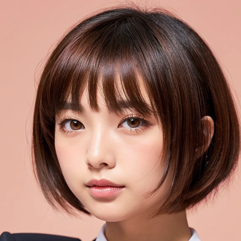 japanese woman、hairstyle short bob、Hair color orange brown、Thin eyebrows、Round face、Small face size、Low nose、Lip color pink、Black suit、background cafe
