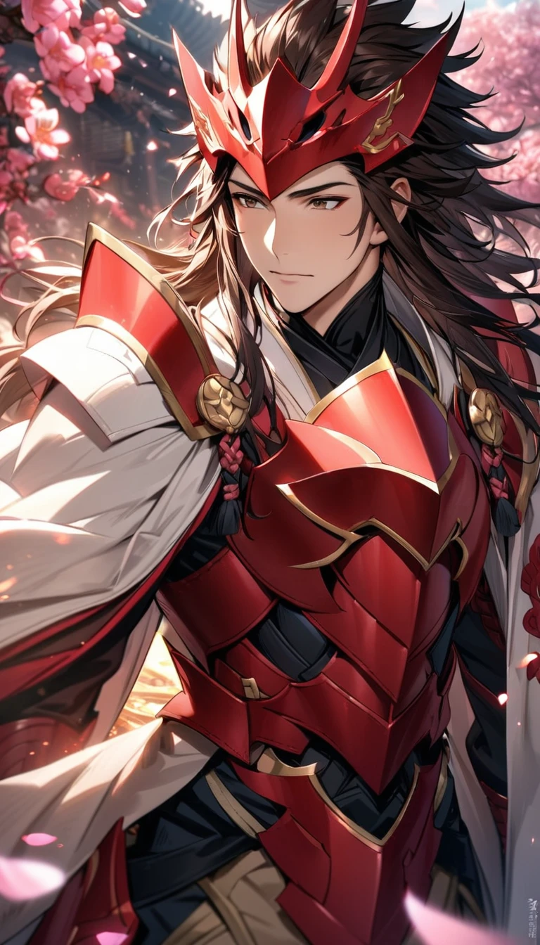 absurdres, highres, ultra detailed, HDR, master piece, best quality, Ryoma, dark brown long hair, expressive brown eyes, Fire emblem fates, 1man, handsome, pink petals, pink flowers, pink butterflies, red armor, white haori