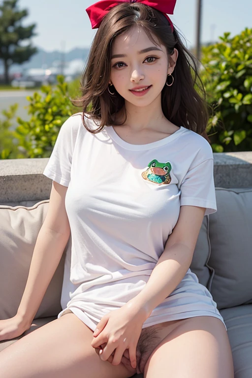(8K, RAW photo,highest quality, High resolution:1.1), (hyperrealistic:1.4),(realistic, photorealistic:1.3), soft light,big breasts,girl,realistic face,realistic body,realistic skin,disorganized,masterpiece,(cute:1.8), cuties, alone, (big breasts:1.2), fine black eyes,innocent eyes,鬠红,(T-shirt:1.2), cinema light,film grain,jewelry,earrings,((medium hair:1.1)),((Floating hair NovaFrog style)),cherry color lip,hair ribbon,hair ribbon,ponytail,close,view viewer,long hair,Upper body,open lips,upper teeth, (smiling eyes:0.6),((grin:1.2)),Depth of the bounds written, blurred background, focus of the eye, Bokeh,young, 85mm lens, f/1.4,professional lighting, young,portrait,photon mapping,radio city,Physically based rendering,No bra、((No panties:1.5))、((hand on crotch:1.5))、