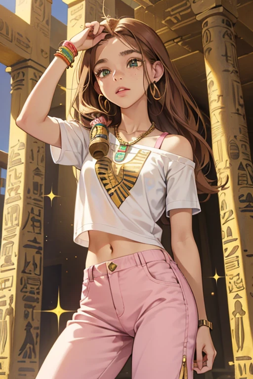 Daphne is a human girl with light skin, shoulder-length brown hair and freckles. In her only appearance, she wears a pink t-shirt, olive green pants, and white sneakers. She also wears an ankh-style necklace (the ankh was the ancient Egyptian hieroglyphic character that read "life"). SPARKLE; GLITTER