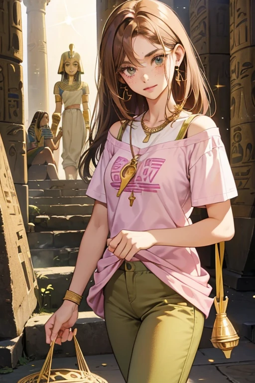 Daphne is a human girl with light skin, shoulder-length brown hair and freckles. In her only appearance, she wears a pink t-shirt, olive green pants, and white sneakers. She also wears an ankh-style necklace (the ankh was the ancient Egyptian hieroglyphic character that read "life"). SPARKLE; GLITTER