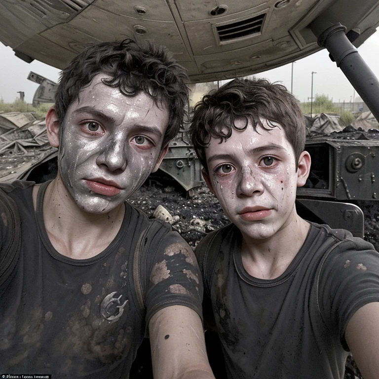 Two boys, covered in soot and in tatters after being bombarded by a tank, take a selfie