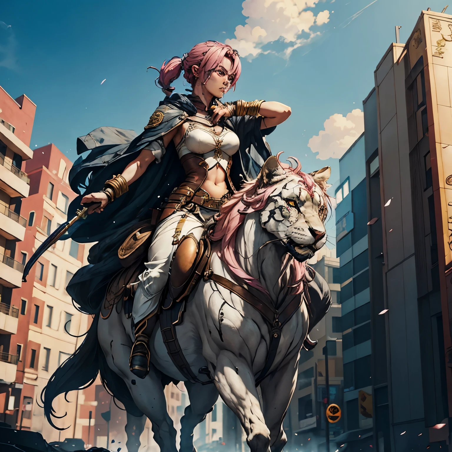 PINK-HAIRED GIRL RIDING A GIANT BLACK LION, LIVE ACTION style, key visual, vibrant, studio anime, highly detailed, DARK FANTASY
