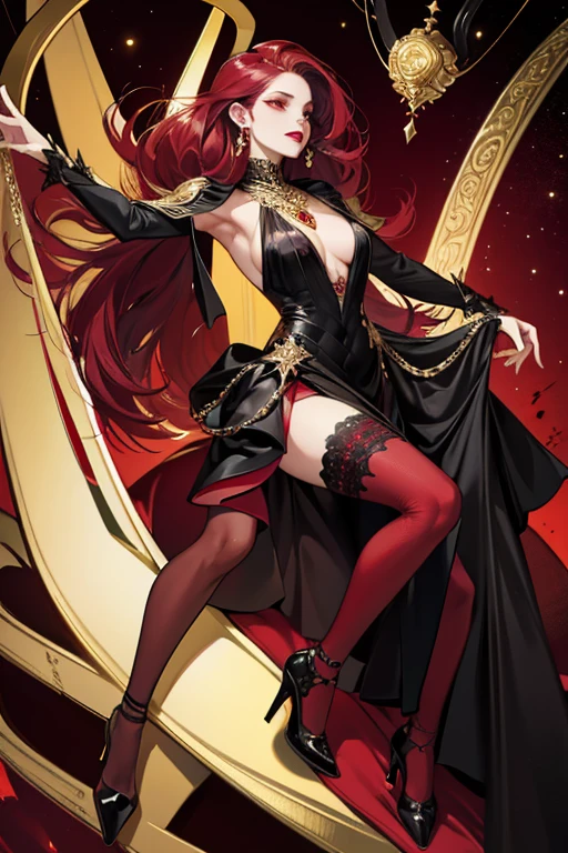 ((masterpiece)), ((best quality)), 1girl, long hair, big bust, ((red hair)), very long red hair, ((roses)), ((roses in the hair)), yellow eyes, transparent clothes, ((blue and black clothes)), ((middle hair ponytail)), exposed skin, ligerie, ((sexy pose)), black clothes, ((intimidant look)), ((dark garden background)), without pants, fishnet stockings, jewels, ruby earrings, good anatomy, red gloves, boots, heels, evil, emotionless, intimidant, bloody, ((beautiful eyes)), dark background, close up, ((detailed eyes)), beautiful eyes, hair bang, frontal look