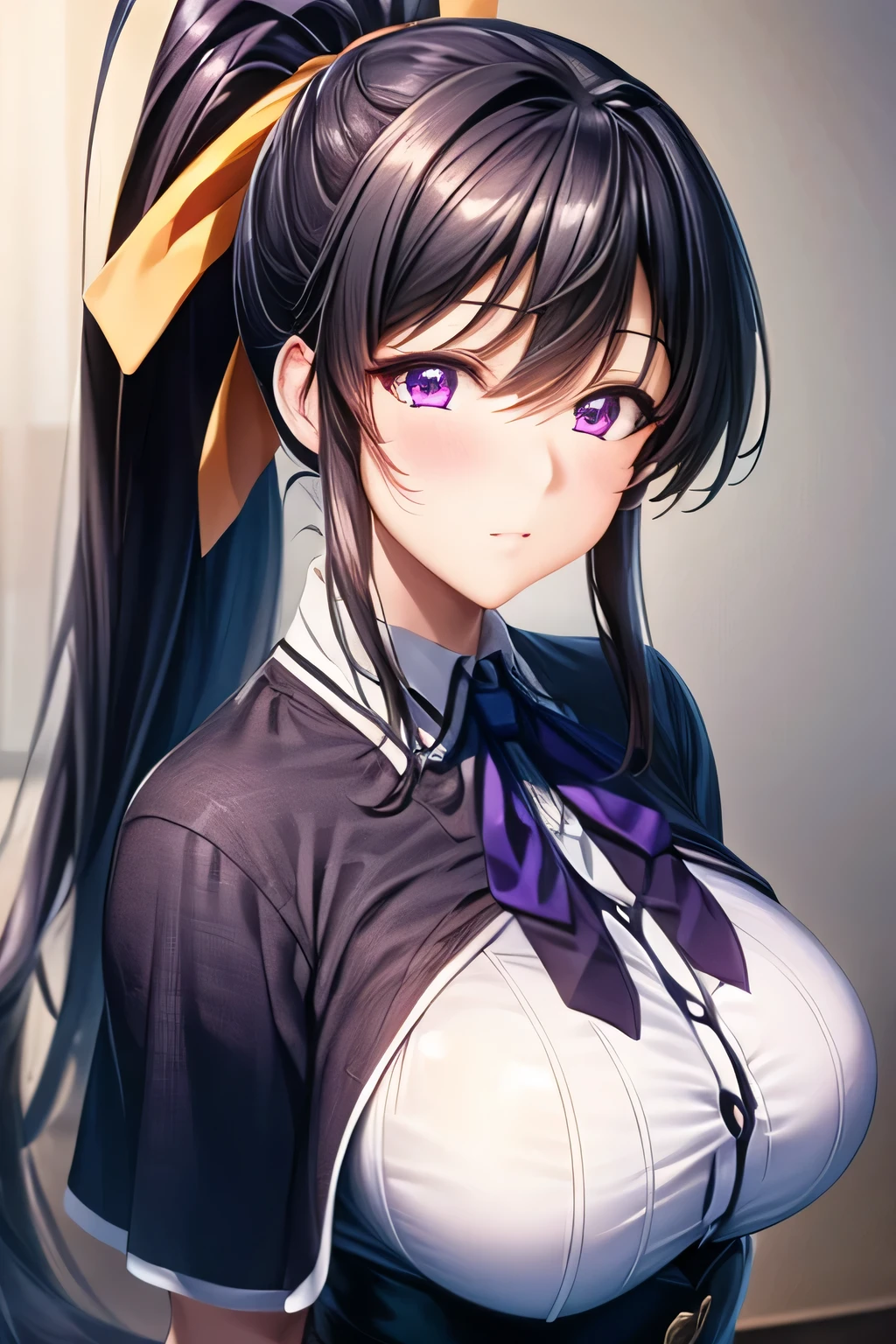 (masterpiece:1.2), best quality, high resolution, unity 8k wallpaper, (illustration:0.8), (beautiful detailed face:1.2, beautiful detailed eyes:1.2), perfect lighting, extremely detailed CG, (perfect hands, perfect anatomy), 

Cute, beautiful, charming lady, shiny hair, lustrous skin, beautiful light big eyes, 
milf, married woman, soft With a gentle appearance and a gentle mother-like atmosphere,

akeno_a, black hair, long hair, very long hair, ponytail, hair ribbon, ribbon, purple eyes, large breasts,capelet, neck ribbon, black ribbon, shirt, long sleeves, black corset, red skirt,