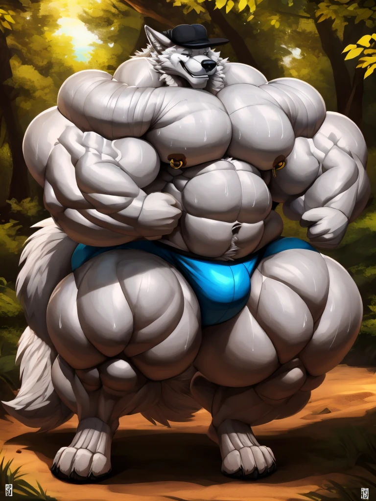 4k, high resolution, best quality, perfect lightning, perfect, solo, anthro, young, boy,white wolf:2.0, furry body, (fluffy mane:1.2), fluffy tail, male, adult, (bulky2:0, thick muscles2:0, huge muscles:2.0, hyper muscles:2.0), (thick biceps, veiny biceps, big broad veiny pecs:2.0, broad shoulders:2.0), (thick legs, thick calves:1.1), (digitigrade legs, 4 toes:1.2), perfect colors, (photorealistic fur, detailed fur, epic, masterpiece), (suggestive posing:1.2), (seductive smile, lustful grin 1.3), detailed beach,detailed wolf eyes:2.0, by k0suna, by darkgem，nipple ring，big pecs:2.0，hyper arms:2.0，veins,white body,white fur,hyper butt:2.0,hyper paws:2.0，standing，thick legs，thick butts:2.0,blue briefs,sweat body:2.0,massive butt:2.0,black hat,hyper ass:2.0,huge ass:2.0