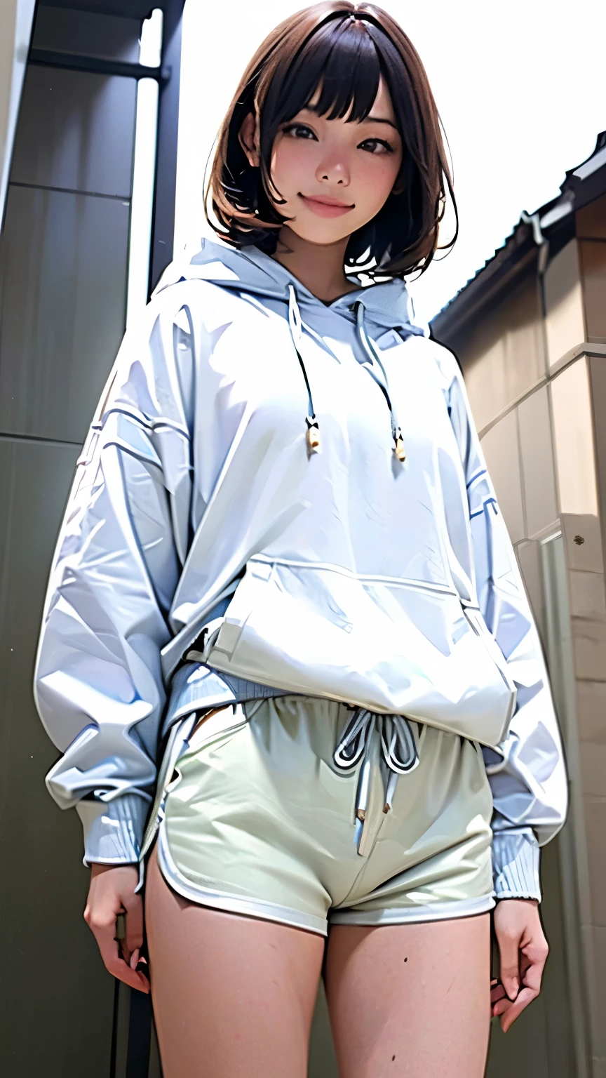 Realistic、masterpiece、highest quality、Highest image quality、one woman、short hair、natural makeup、Smiling embarrassedly、(Standing with the whole body facing the viewer、real face:1.5)、Japanese high school girl、Commemorative photo taken in the school courtyard、(Wearing a white hoodie and white dolphin shorts:1.2)、blur the background、(cowboy shot:1.3), (The subject is viewed from below:1.2)