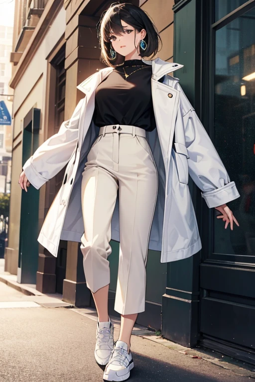 Demel-Ishun is a young African-American woman who wears a large, puffy white jacket, khaki pants and white sneakers. She accessorizes with large hoop earrings and has long, straight black hair. SPARKLE; GLITTER