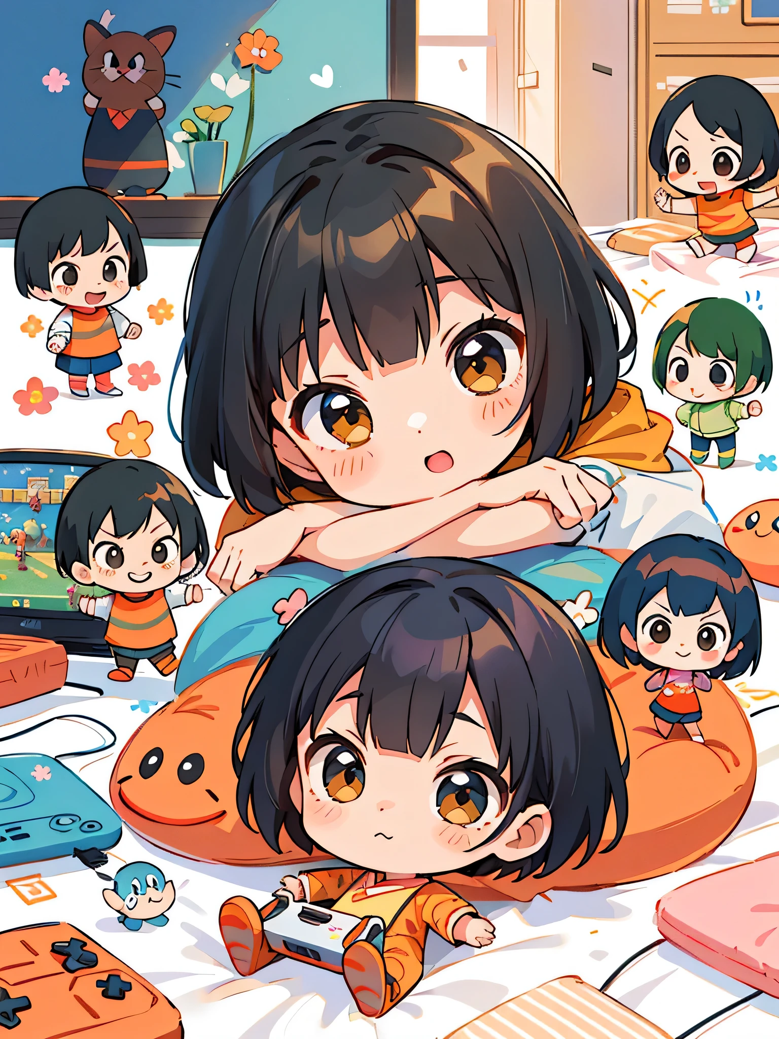 Momoko Sakura style, Kawaii Design, (((10 people)))、most beautiful girl ever、Chibi, Colorful bob hair、((Lots of friends))、children's room、(((Video games together)))、(((Chibi Maruko-chan)))