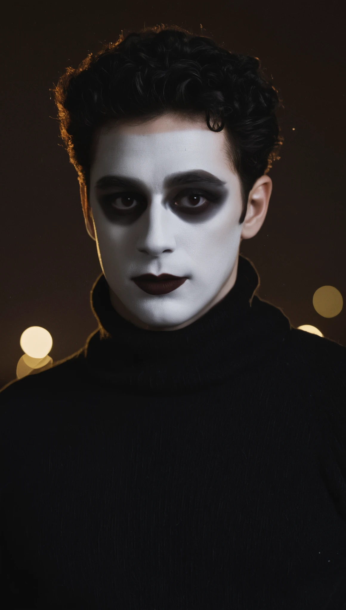 A movie poster, full color, a mime, male, 28 years-old, wearing black and white makeup and a dark turtleneck sweater, stocky, soft doughy physique, deep brown eyes, wide bulbous nose, full lips, black lipstick, black hair, curly quiff, thick bushy eyebrows, extremely hairy chest, stomach, and arms, lots of body hair, posing on a neon-lit rooftop, hard shadows, RAW photograph, cinematic shot, masterpiece