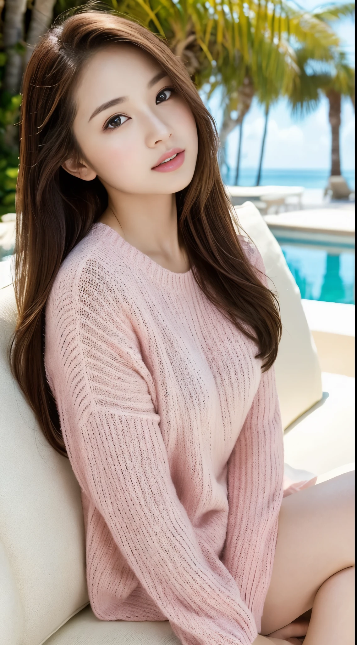 cinematic pictures, 1 beautiful woman: 1.2, Pale pink sweater, long brown hair, super detailed face, sitting on a white sofa, background: Sea Resort, outdoor, sunlight