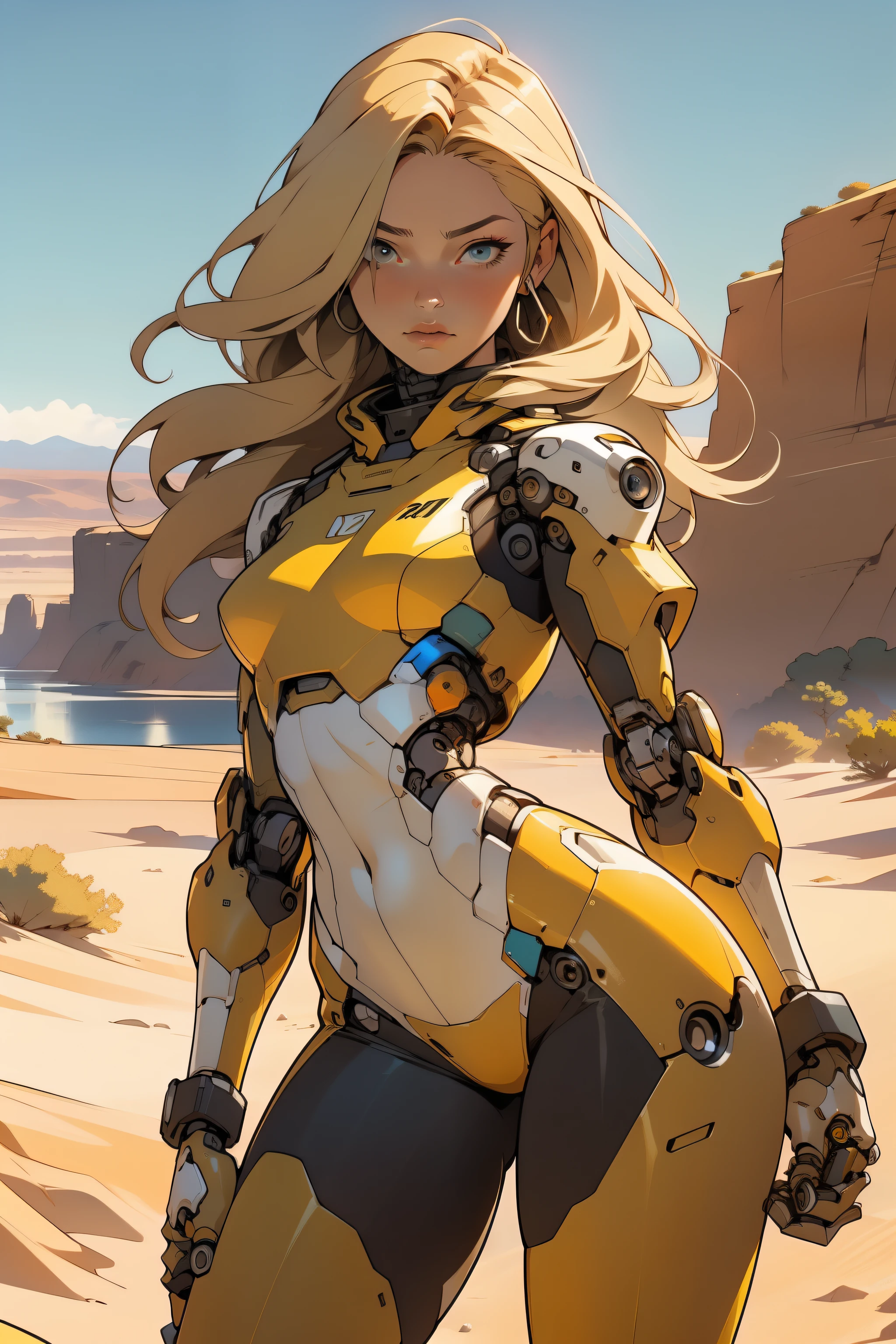 high quality, 4k, masterpiece, beautiful, cyborg girl, cowboy shot, dull eyes, front, looking at viewer, long blonde hair, girl, small breasts, fit thighs, robotic arms, robotic body, cyborg body, yellow & white uniform, orange accent, intricate detail, joint, detailed lines, robotic detail, holding fist up, holding hand up as fist, color robotic parts, robotic parts with color, perfect fingers, on a desert planet, sunny background, colorful desert, a river or a lake in the background, slender thighs, skinny thighs,