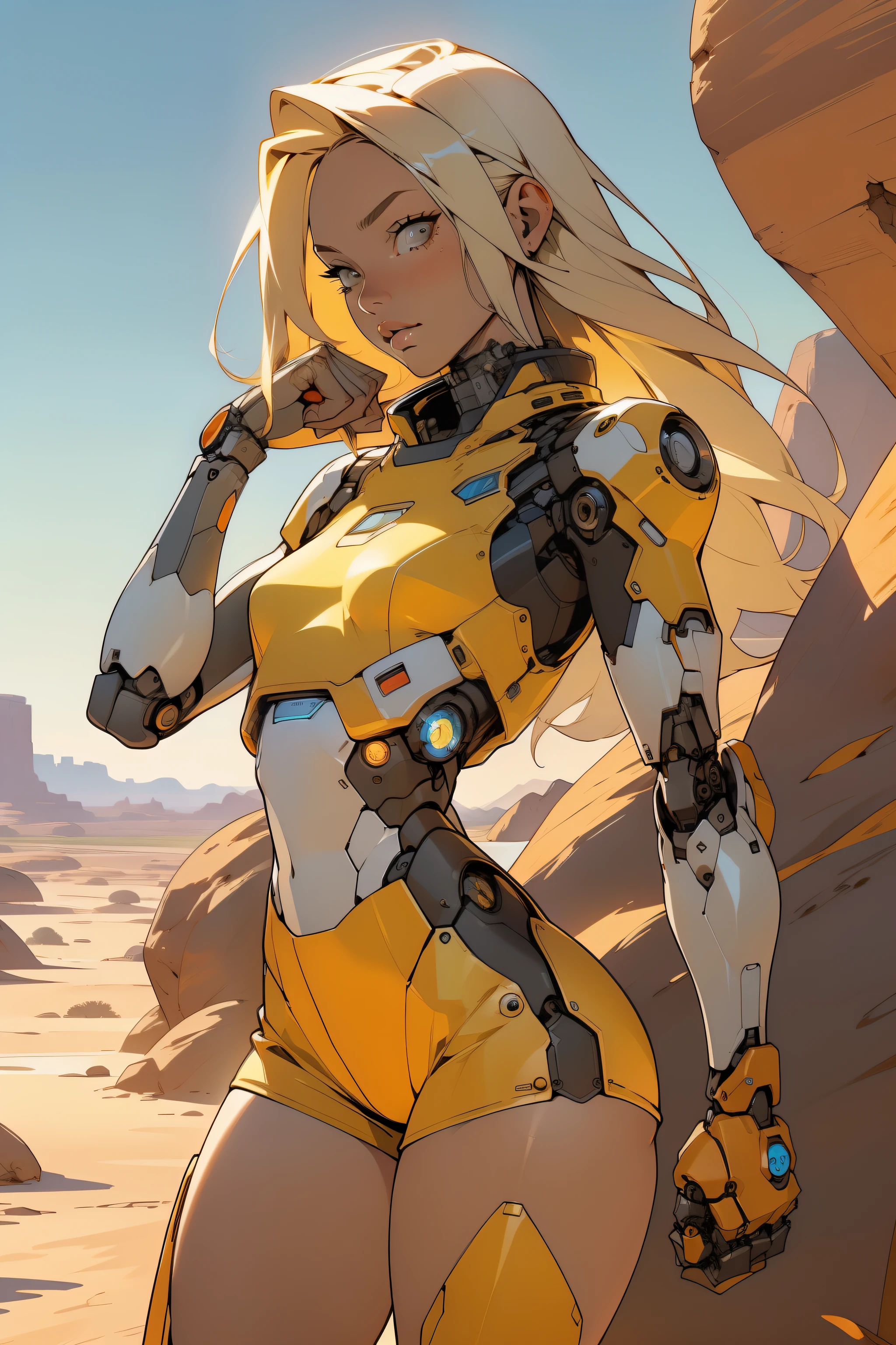 high quality, 4k, masterpiece, beautiful, cyborg girl, cowboy shot, dull eyes, front, looking at viewer, long blonde hair, girl, small breasts, fit thighs, robotic arms, robotic body, cyborg body, yellow & white uniform, orange accent, intricate detail, joint, detailed lines, robotic detail, holding fist up, holding hand up as fist, color robotic parts, robotic parts with color, perfect fingers, on a desert planet, sunny background, colorful desert, a river or a lake in the background, slender thighs, skinny thighs,