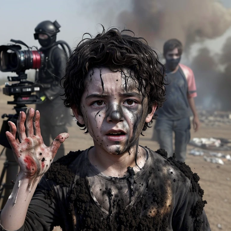 A boy actor is caught in an explosion during the filming of a comedy movie and is left covered in soot and in tatters.
