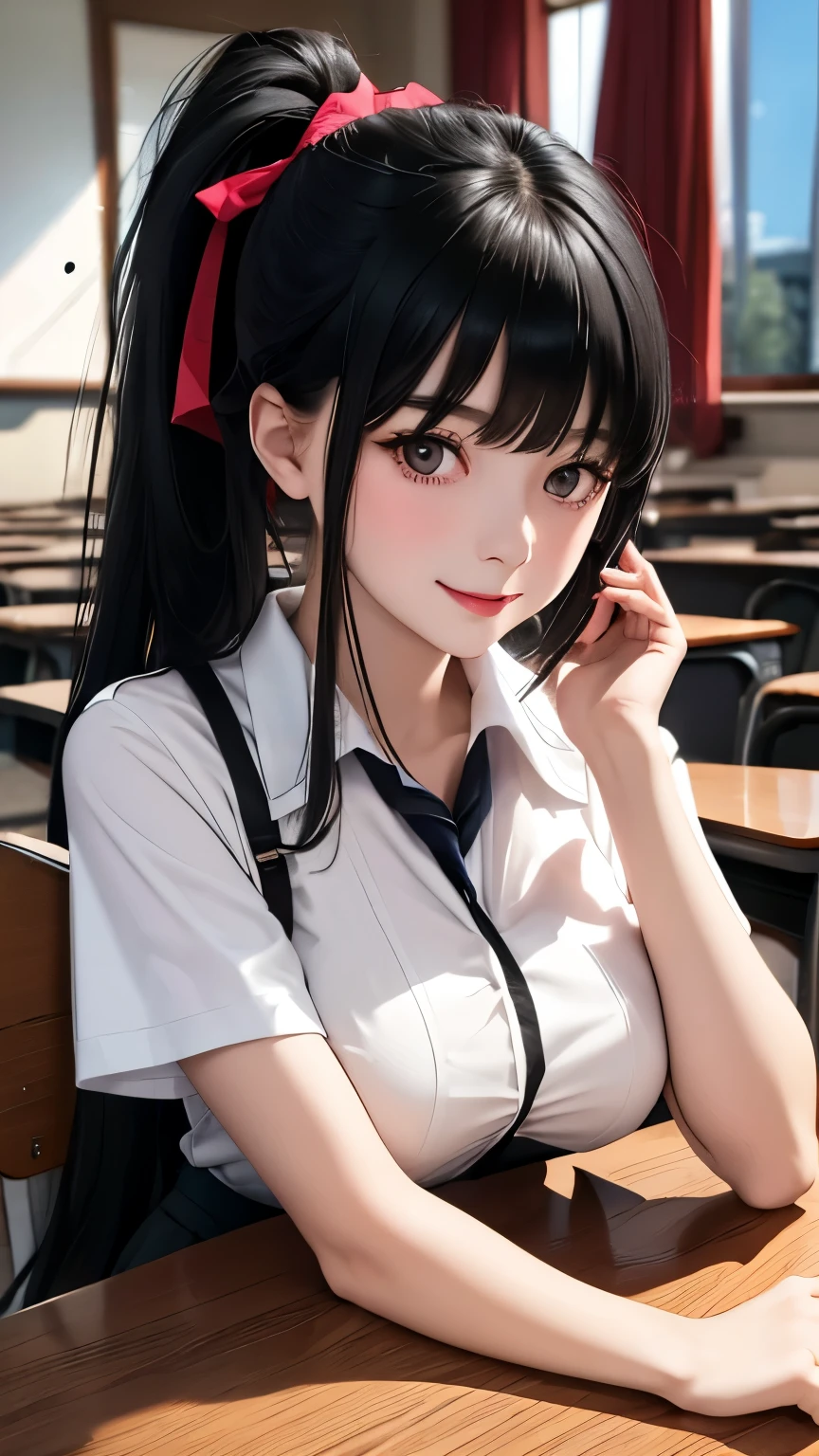 perfect face　black hair　long hair　bangs bangs　pale skin　black eyes　pale skin pigment　middle School girls　ribbon　cute　masterpiece　smile　classroom　alone　barefoot　face　upper body　arms behind back　armpit　ponytail　rest one&#39;s chin on one&#39;s chin　upward glance　uniform　huge breasts　sitting　school uniform　head rest　early morning　cleavage