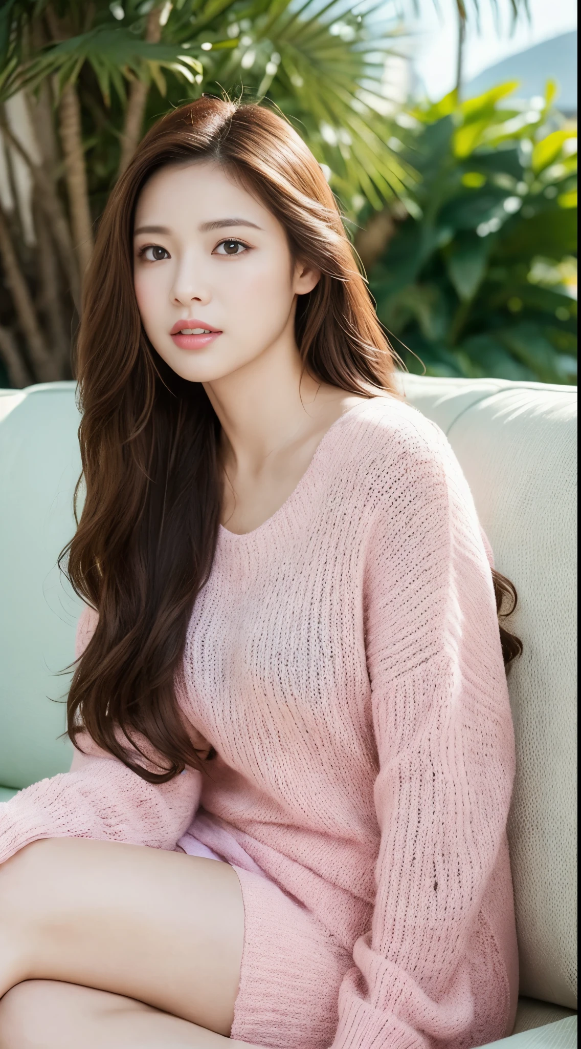 cinematic pictures, 1 beautiful woman: 1.2, Pale pink sweater, long brown hair, super detailed face, sitting on a white sofa, background: Sea Resort, outdoor, sunlight