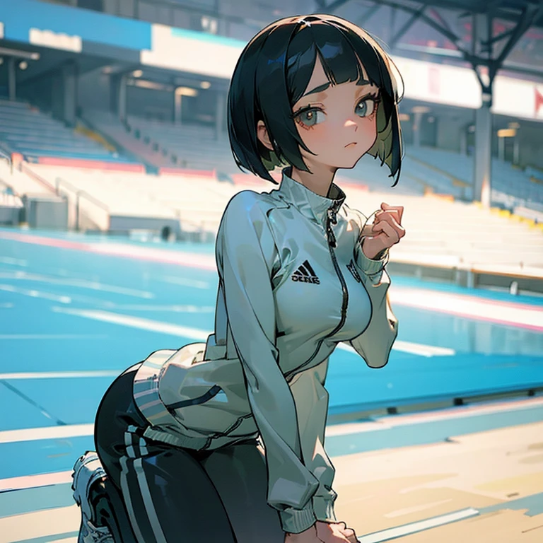 masterpiece、delicate details、tracksuit、Adidas Clothing（zip up）、big breasts、thin waist、athlete、Slender beauty、Your face is so cute、Bangs Patsun、Cropped bob cut、Short leggings、long eyelashes、Big eyes、athletics stadium、beautiful legs