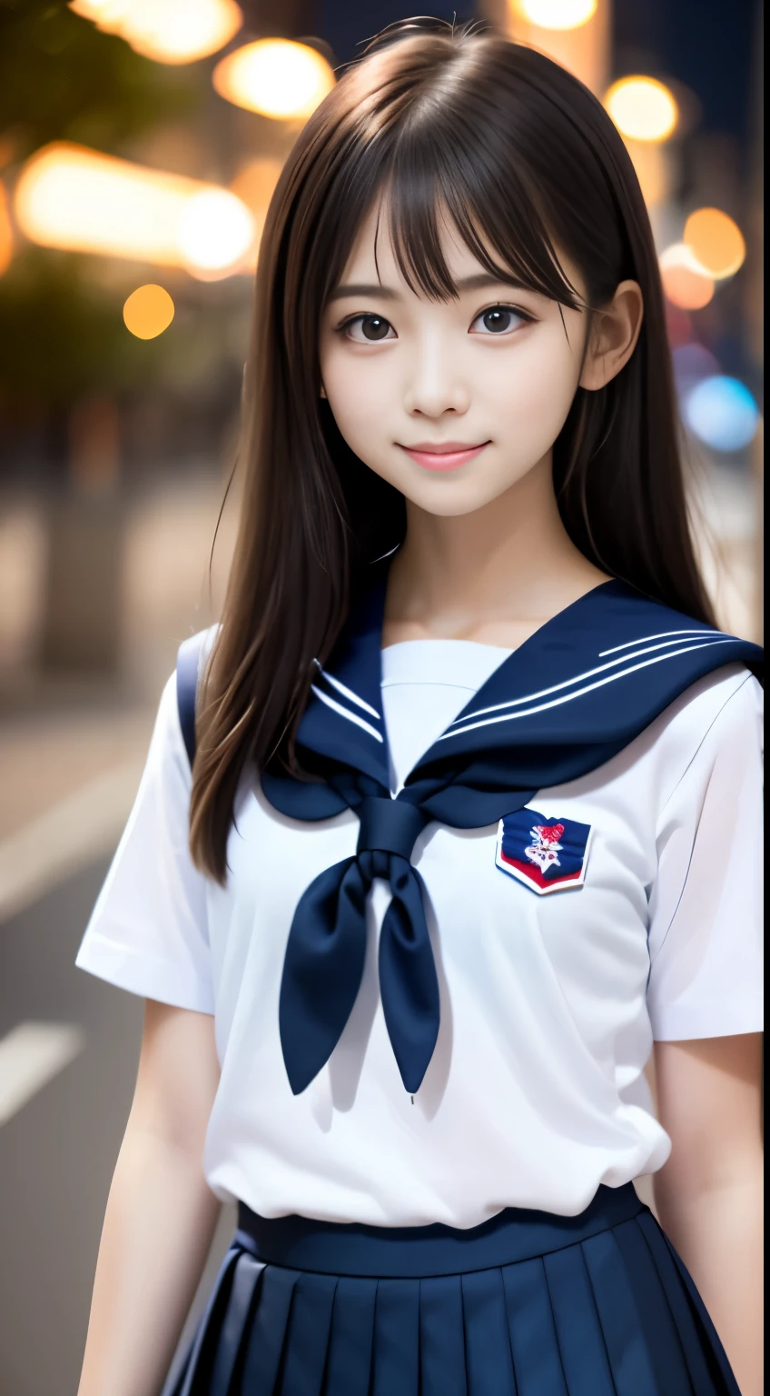 masterpiece, highest quality, 8K, 15 years old, japanese girl, Raw photo, confused, award winning portrait, smile, smile, alone, , (white shirt, sailor , Navy blue pleated skirt:1.2), idol face, viola lace, gardenia, delicate girl, long black hair, black eye, Upper body, Digital single-lens reflex camera, looking at the viewer, Frank, Sophisticated, like々new, thin arms, professional lighting, film grain, chromatic aberration, (Eye and face details: 1.0), (Bokeh button:1.1)