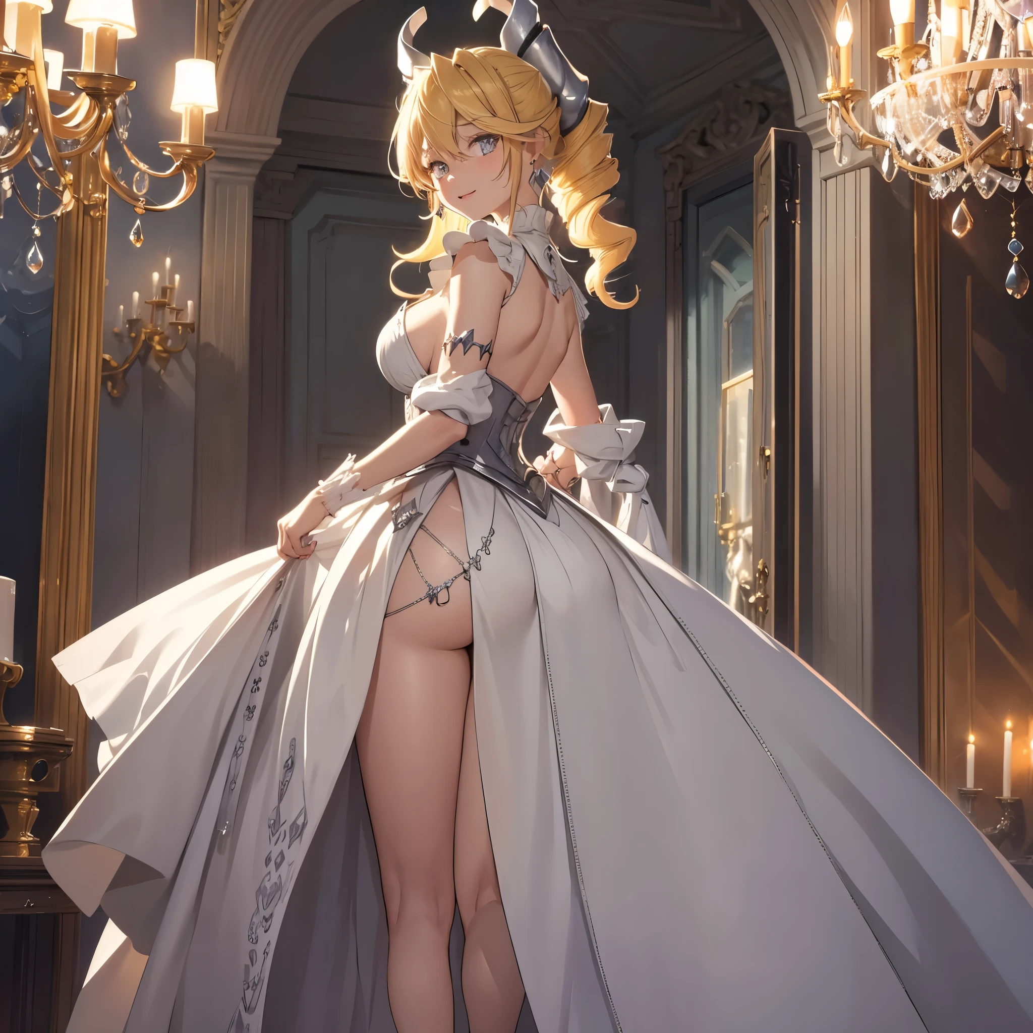 ((masterpiece)),(best quality), ((extremely detailed CG unity 4k wallpaper)),(cinematic lighting), (an extremely delicate and beautiful girl:1.3),face, fixed eye, (++yellow hair++), silver eyes, long hair, jewelry,earrings, :d, maid, labrynth,
Large breast ,(Crystal chandelier), horn ,indoor ,hand over head, standing , crossed leg in detailed, all body , foot exposed , view from behind