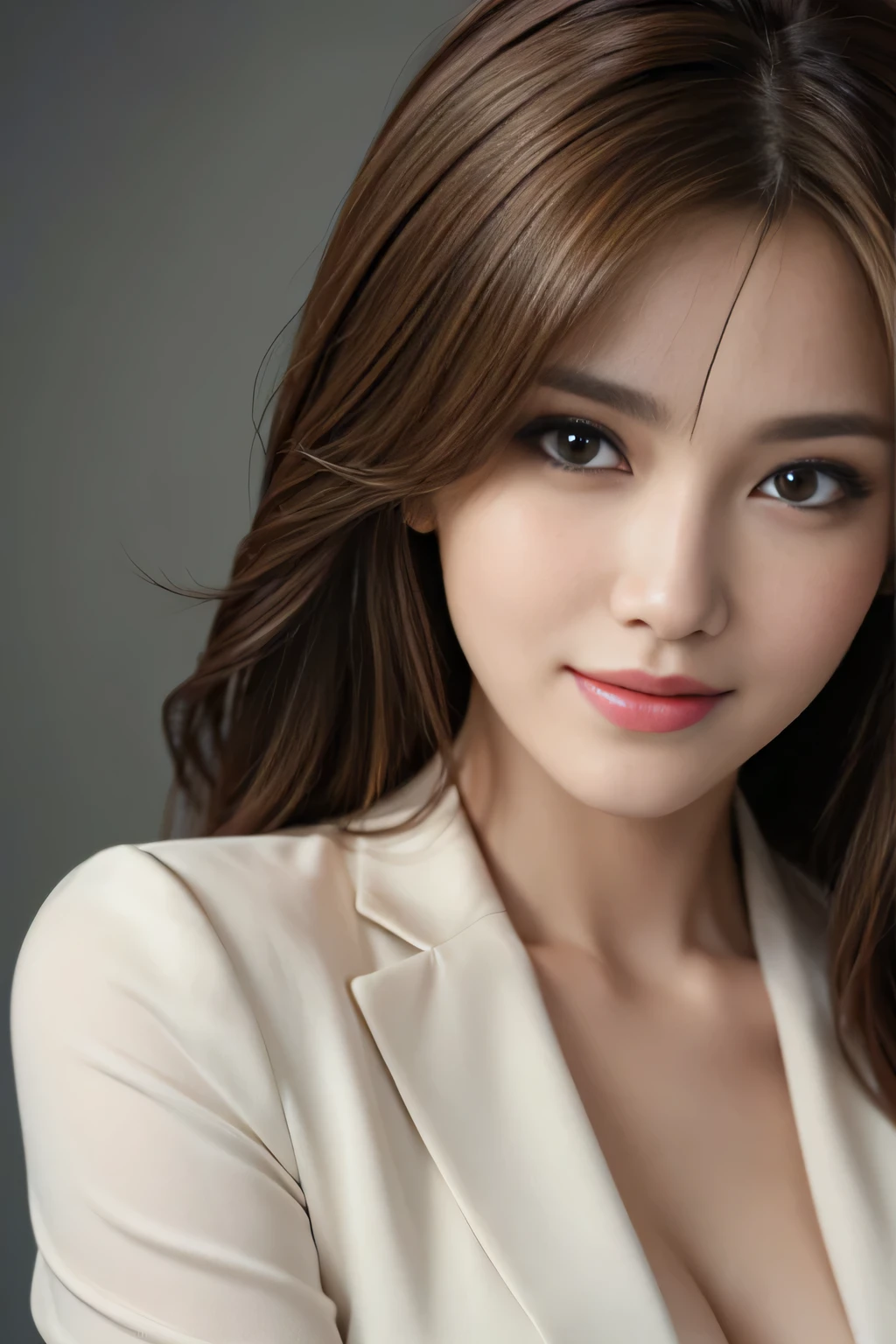 table top, highest quality, realistic, Super detailed, finely, High resolution, 8k wallpaper, 1 beautiful woman,, light brown messy hair, wearing a business suit, sharp focus, perfect dynamic composition, beautiful and detailed eyes, thin hair, Detailed realistic skin texture, smile, close-up portrait, model body shape