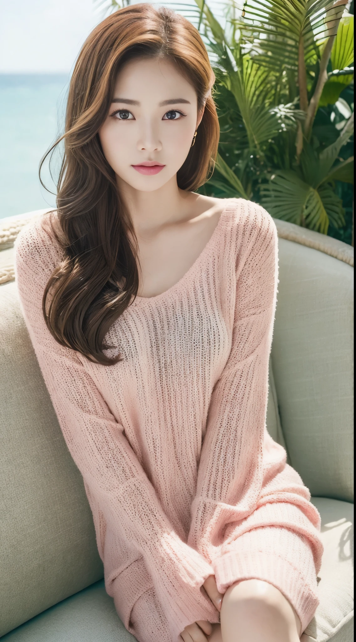 cinematic pictures, 1 beautiful woman: 1.2, Pale pink sweater, long brown hair, super detailed face, sitting on a white sofa, background: Sea Resort, outdoor, sunlight