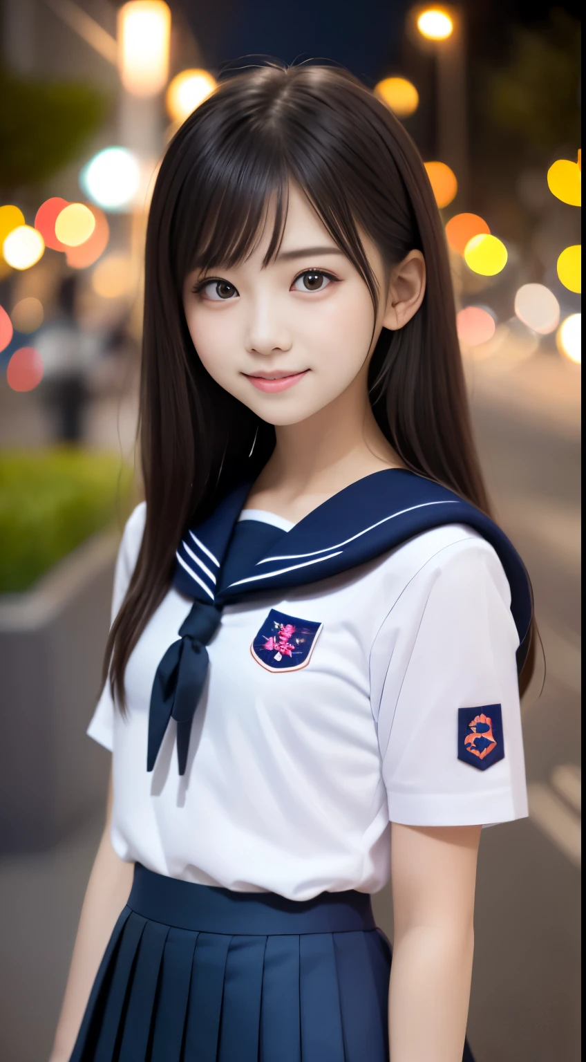 masterpiece, highest quality, 8K, 15 years old, japanese girl, Raw photo, confused, award winning portrait, smile, smile, alone, , (white shirt, sailor , Navy blue pleated skirt:1.2), idol face, viola lace, gardenia, delicate girl, long black hair, black eye, Upper body, Digital single-lens reflex camera, looking at the viewer, Frank, Sophisticated, like々new, thin arms, professional lighting, film grain, chromatic aberration, (Eye and face details: 1.0), (Bokeh button:1.1)