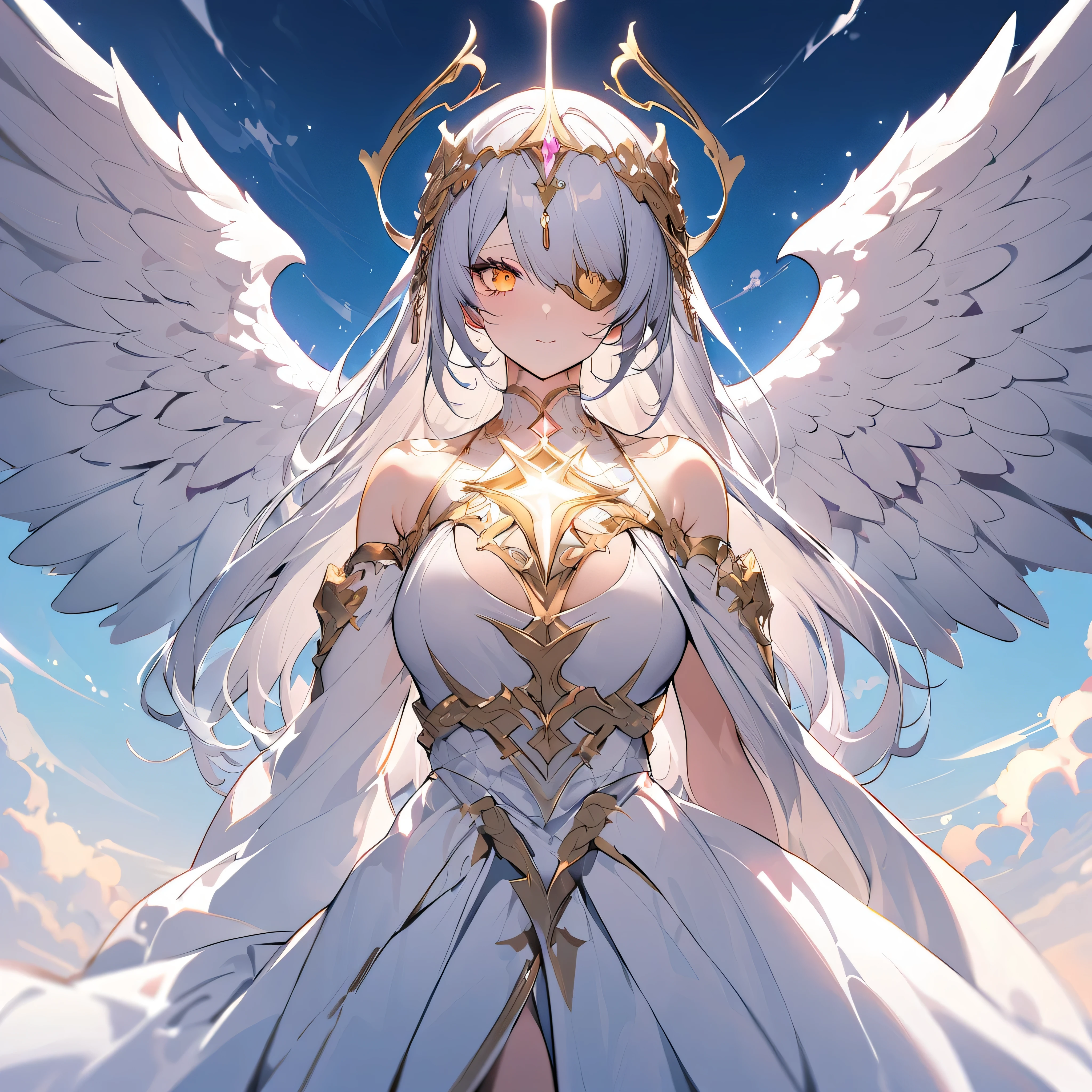 It looks like a holy-looking monster angel,Todo o seu corpo consiste em um enorme olho caolho,and metal rings around the one-eyed eyes,The ring is full of eyes,Dragons have many wings on white sacred angel