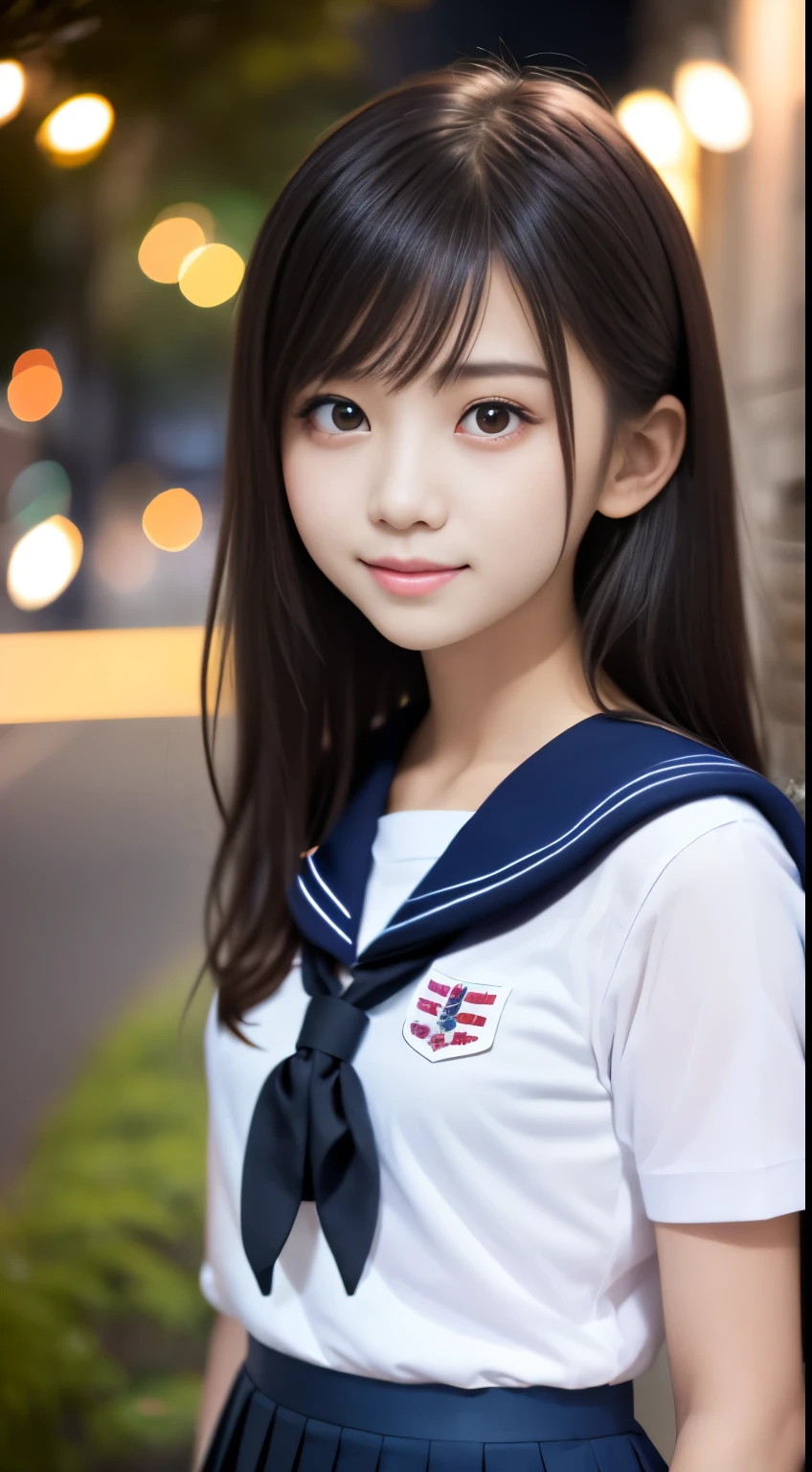 masterpiece, highest quality, 8K, 15 years old, japanese girl, Raw photo, confused, award winning portrait, smile, smile, alone, , (white shirt, sailor , Navy blue pleated skirt:1.2), idol face, viola lace, gardenia, delicate girl, long black hair, black eye, Upper body, Digital single-lens reflex camera, looking at the viewer, Frank, Sophisticated, like々new, thin arms, professional lighting, film grain, chromatic aberration, (Eye and face details: 1.0), (Bokeh button:1.1)