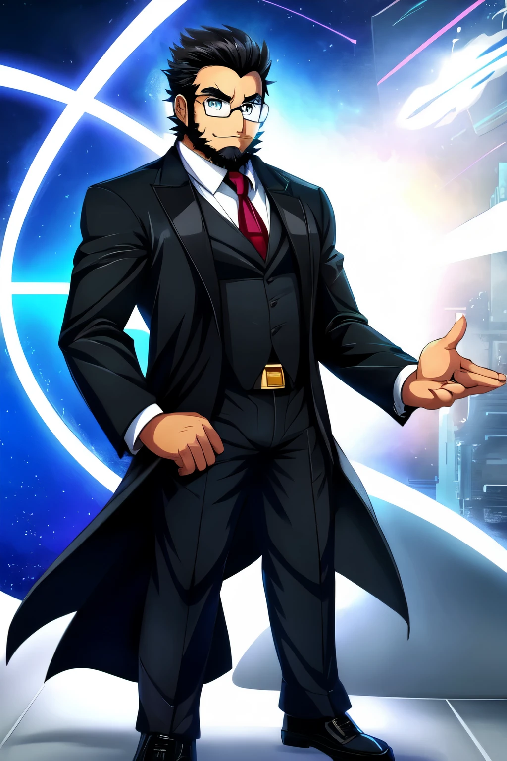 hero with a big black beard, a stylish black suit, he has technological powers and wears glasses, he is a great master of technology, anime