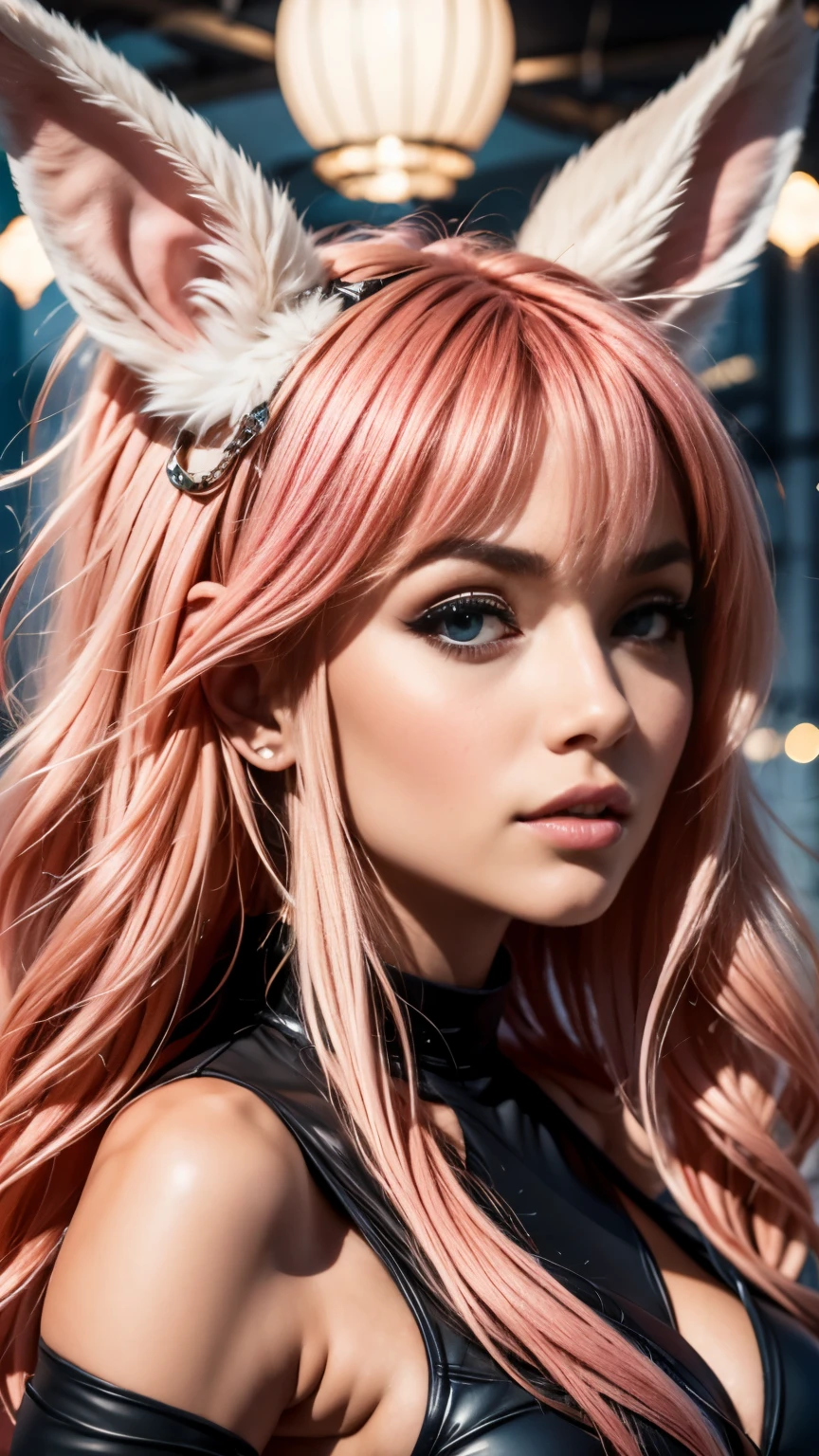 anime style, a closeup of a cartoon of a woman with ears and rabbit tail, with rabbit tail, with rabbit ears, girl design, mara, portrait, giesha, anime image, long hair, pink hair, hair covering ears, happy, polished and powerful look, exotic, tall  