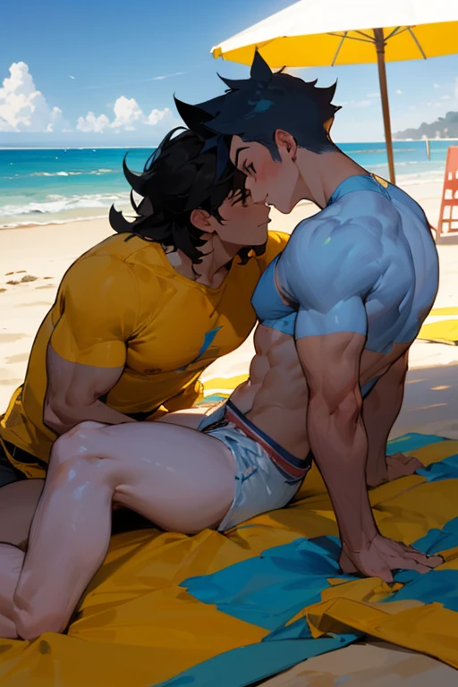 2 Hombre, muscular, pelo amarillo, gays, besandose, en la playa