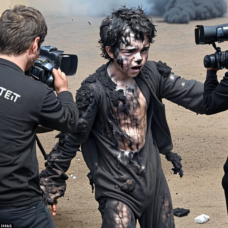 A boy actor is caught in an explosion during the filming of a comedy movie and is left covered in soot and in tatters.