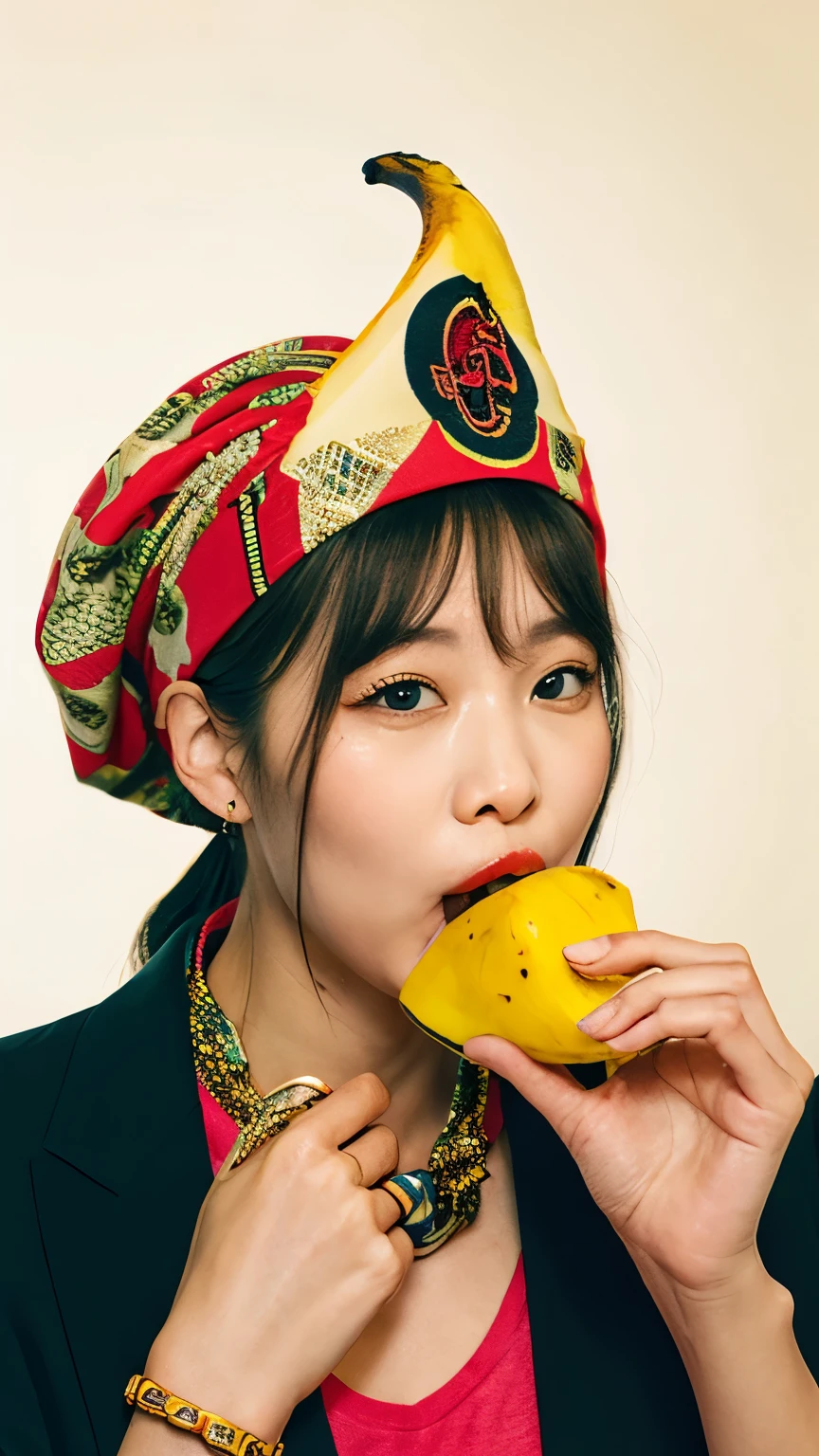 woman eating a banana with a bandana on her head, Taehyung eating Gucci fries, Jimin\plump lips, banana hat, she is eating a peach, banana, she is eating a peach, mukbang, sakimichan, duck face, banana color, Inspired by Tang Sin Yun Sandara, Choi Hong Hwa, Kim Tae Joon