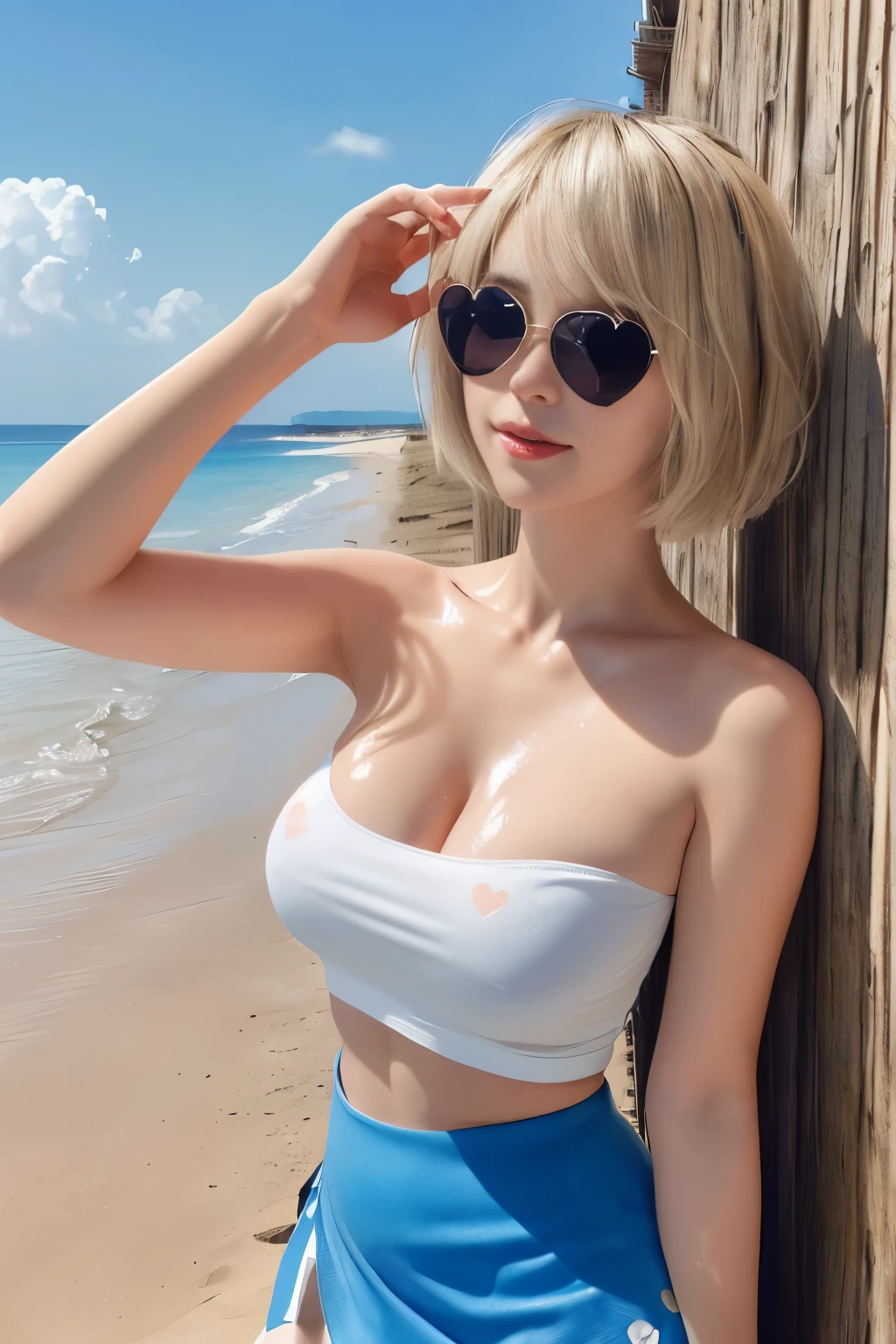 ((((masterpiece, Best Quality, High resolution)))), extremely detailed 8K, ************ sexy Beautiful Japanese girl with slim body, (Ultra HD, Ultra-detailed, Highly detailed, Highly realistic, Ultra-realistic, photos realistic),  (viewer looking from diagonally below:1.6),(1girl:1.5), (bright blonde hair, short bob cut like, sunglasses on top of her head:1.2),(dynamic poses), facing at camera, smile, (huge breasts: 1.2), (beautiful detailed face, Beautiful detailed brown eyes), (bright white sexy Glossy tube top t-shirt, very thin material, blue mini skirt:1.5), (breasts visilble, heart mark on breasts:1.5), Glow, (very Sweat, hot and humid summer day, rays of sunshine, Sunlight on her face: 1.5), sexy long legs, nakeness, bared chest, Sexy, Blushing, look up to the sky, spot light on face, standing With a bewitching posture on beach, ultra realistic wide landscape, photogenic scenery, 