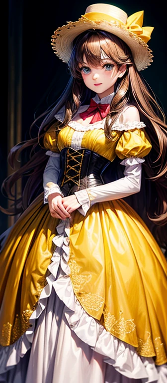Woman princess, has honey brown hair, wears a flowered hat tied to a ribbon, yellow corset, is wearing a yellow dress with ruffles and a long skirt, with a gray satin cape and has realistic emerald green eyes, realistic style