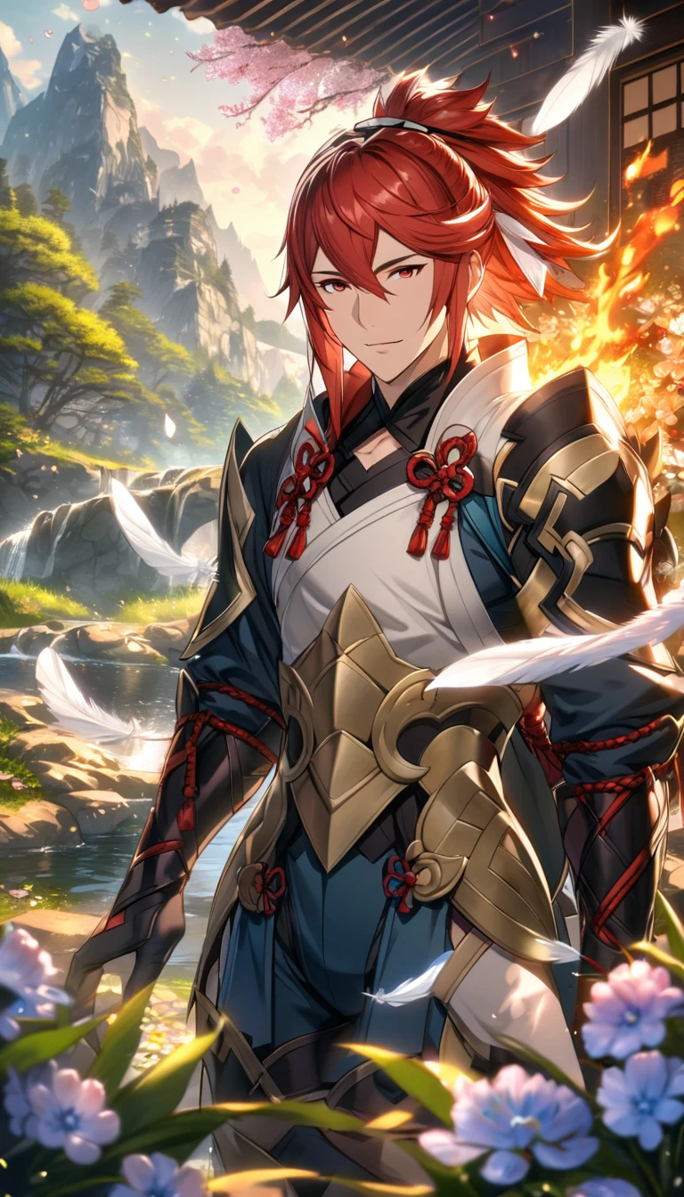 Ultra detailed, highres, absurdres, HDR, Subaki, red eyes, red hair, Fire Emblem Fates, 1 man only, handsome, petals, flowers, spring, white feathers, water
