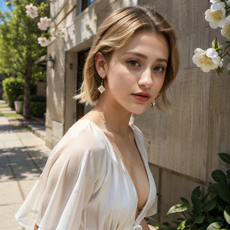 A stunning professional photo of a 24 year old pretty woman, shirt, skirt, cute, absolute beauty, round face, pale skin, (((short blunt bobcut with shaved nape))), (hard hair parting on left side), blonde hair, brown eyes, beautiful eyes, freckles, freckles and moles all over body, large natural breasts, soft breasts, large areola's, early summer, soft natural light, highly realistic skin, highly realistic face, highly realistic eyes, at a garden party, party lights, many people in background, seductive, sultry, you can tell from the expression on her face that she is highly sexually aroused, low light, soft natural light, Rembrandt style light, made with a Hasselblad camera, 35mm, film grain, masterpiece, sharp focus