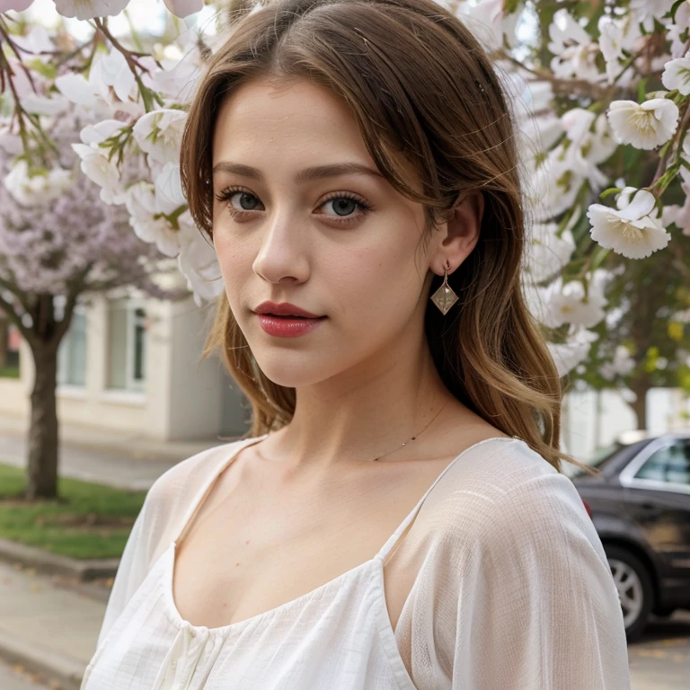 Lili Reinhart in clear weather dressed in spring clothes with lipstick and earrings