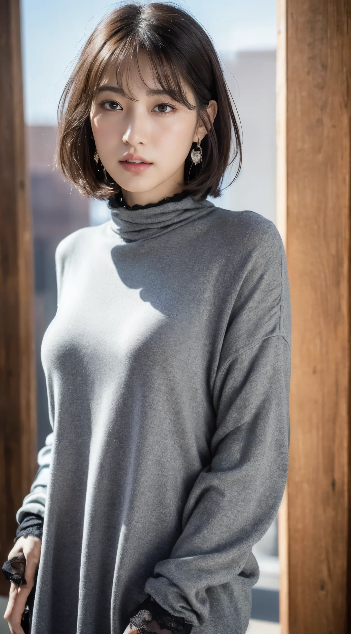 (8k, RAW photos, top quality, masterpiece: 1.2), ultra detailed, super resolution, (real, real photos: 1.37), portraits, high definition RAW color photos, professional photos, very detailed and beautiful, highly detailed, 8k wallpapers, amazing details, huge file size, official art, highly detailed CG Unity 8k wallpapers, highly detailed beautiful girls, highly detailed faces, Highly Detailed Eyes, Highly Detailed Skin, Highly Detailed Fingers, Very Detailed Nose, Highly Detailed Detailed Mouth, Perfect ???????, Detailed Background, Detailed Clothes, One Girl, (20:1.2), 20s, Cute Girl, Realistic Body, , White Skin, Radiant Skin, Slim Body, Black Hair, Short Hair, (Blunt Bangs: 1.2), Cute, Youthful, Pretty Face, Realistic Face, Delicate Eyes, Sale Eyes, ( (Fashionable winter clothes)), ((Up)) Earrings, camera gaze, cowboy shots, front facing, standing position, contrappost, dynamic lighting, C cup breasts,