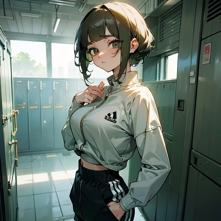 masterpiece、delicate details、Half-undone trousers、shorts are visible、tracksuit、Adidas Clothing（zip up）、big breasts、thin waist、athlete、Slender beauty、Your face is so cute、Curly hair、short hair、long eyelashes、Big eyes、locker room、