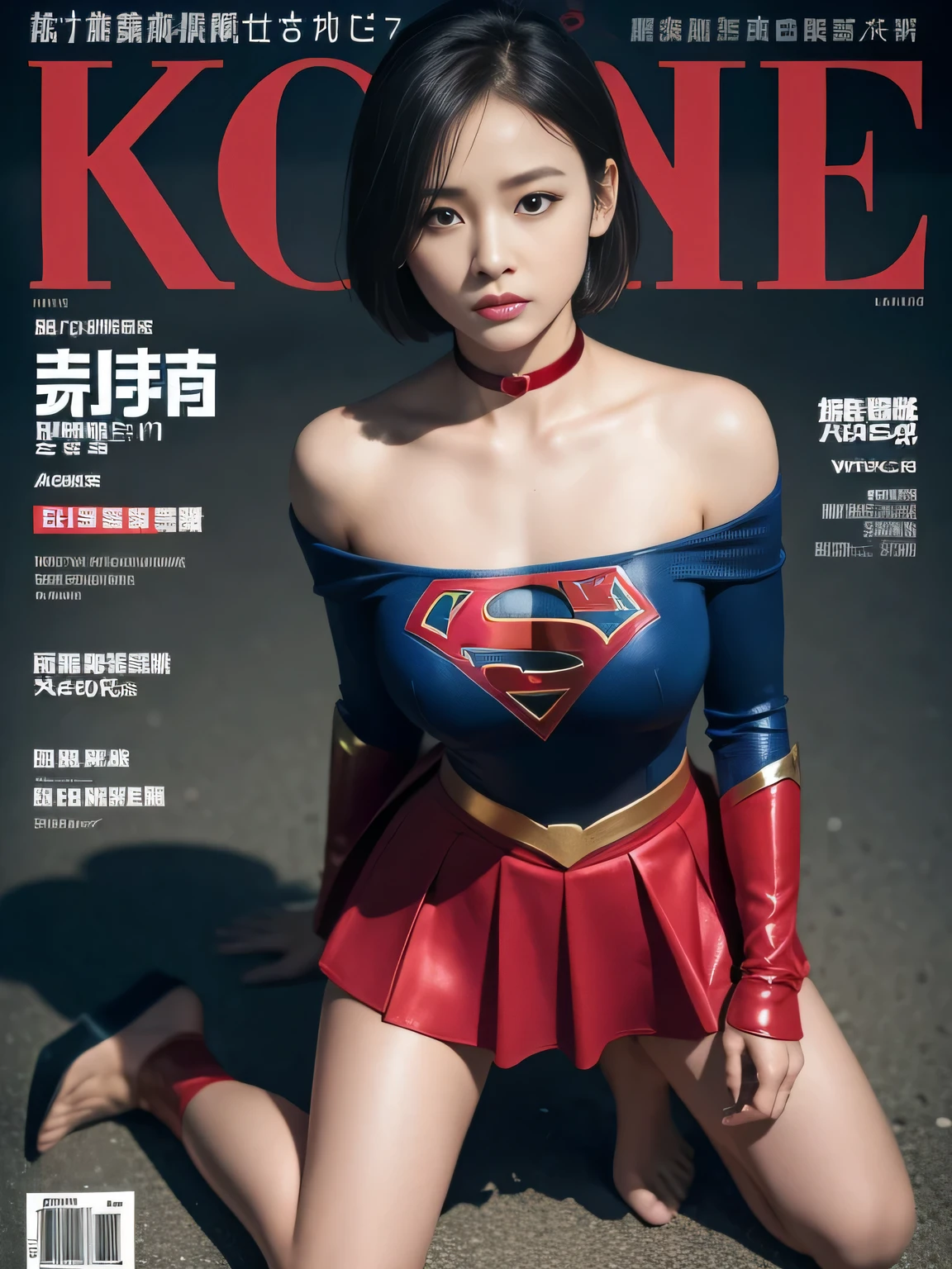 masterpiece、supergirl costume、short hair、barefoot、big and full breasts、Crisis situation、prison、camp、kneel down、sweaty、shiny、look at the camera、provoke、Estrus、choker、Weekly magazine cover、long sleeve、red mini skirt、humiliating、seductive pose、Glamorous、off shoulder、model body shape、Oily Skin、charm、charming、abused、imprisonment、