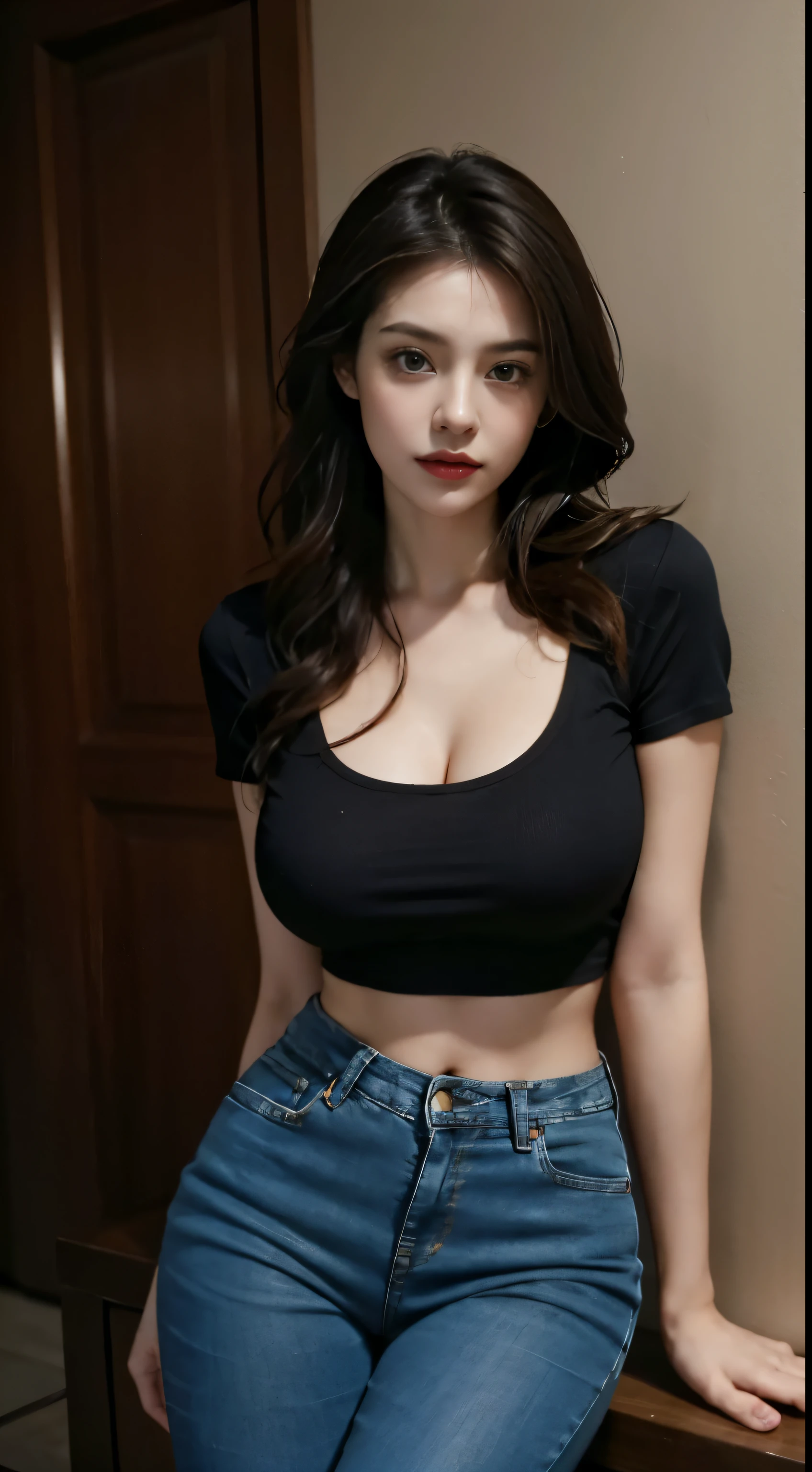 Girl poses for photo in tight jeans,full bodyesbian,legs are open,With a cropped T-shirt,Slim figure,Slim girl model,24 years old female model,gigantic cleavage breasts,No bra, No top,Bare chest