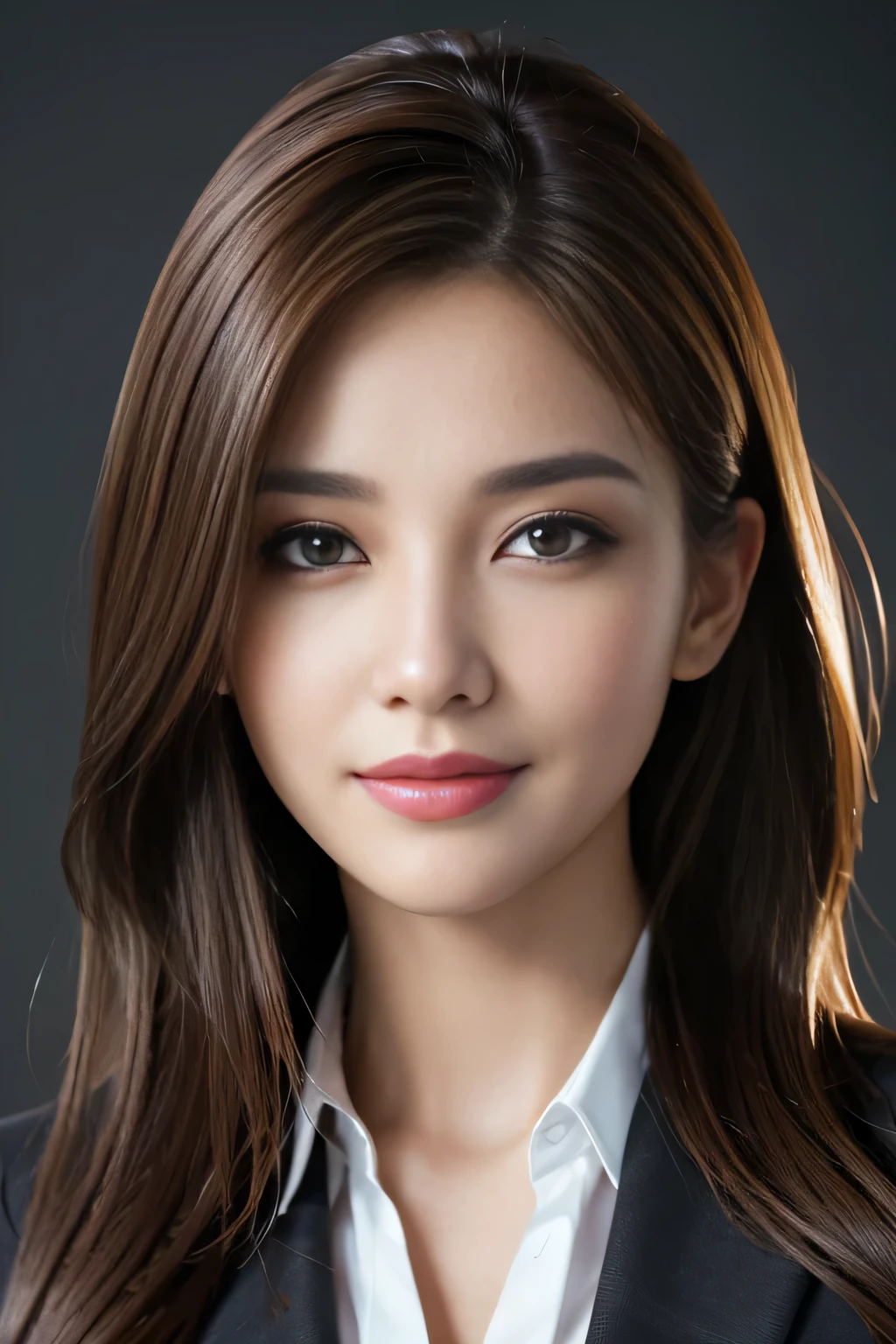 table top, highest quality, realistic, Super detailed, finely, High resolution, 8k wallpaper, 1 beautiful woman,, light brown messy hair, wearing a business suit, sharp focus, perfect dynamic composition, beautiful and detailed eyes, thin hair, Detailed realistic skin texture, smile, close-up portrait, model body shape

