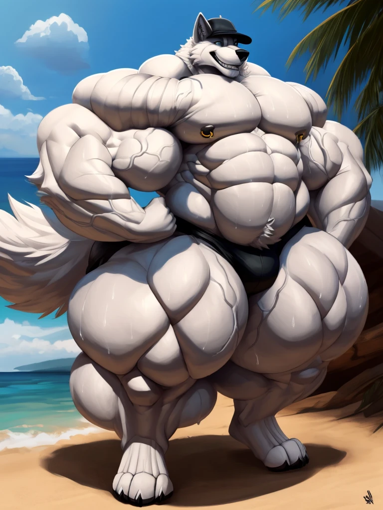 4k, high resolution, best quality, perfect lightning, perfect, solo, anthro, young, boy,white wolf:2.0, furry body, (fluffy mane:1.2), fluffy tail, male, adult, (bulky2:0, thick muscles2:0, huge muscles:2.0, hyper muscles:2.0), (thick biceps, veiny biceps, big broad veiny pecs:2.0, broad shoulders:2.0), (thick legs, thick calves:1.1), (digitigrade legs, 4 toes:1.2), perfect colors, (photorealistic fur, detailed fur, epic, masterpiece), (suggestive posing:1.2), (seductive smile, lustful grin 1.3), detailed beach,detailed wolf eyes:2.0, by k0suna, by darkgem，nipple ring，big pecs:2.0，hyper arms:2.0，veins,white body,white fur,hyper butt:2.0,hyper paws:2.0，standing，thick legs，thick butts:2.0,sweat body:2.0,massive butt:2.0,black hat,hyper ass:2.0,huge ass:2.0